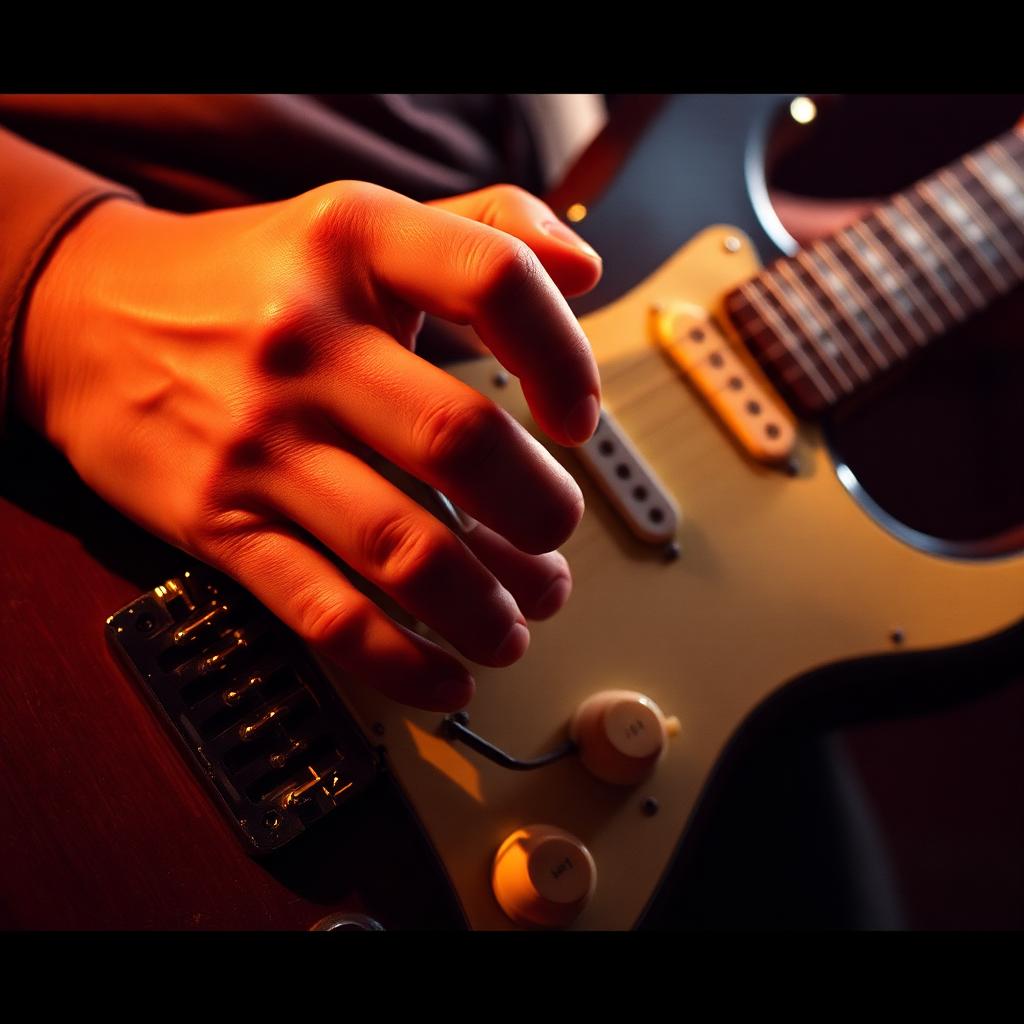 Anonymous hands on the body of a worn electric guitar