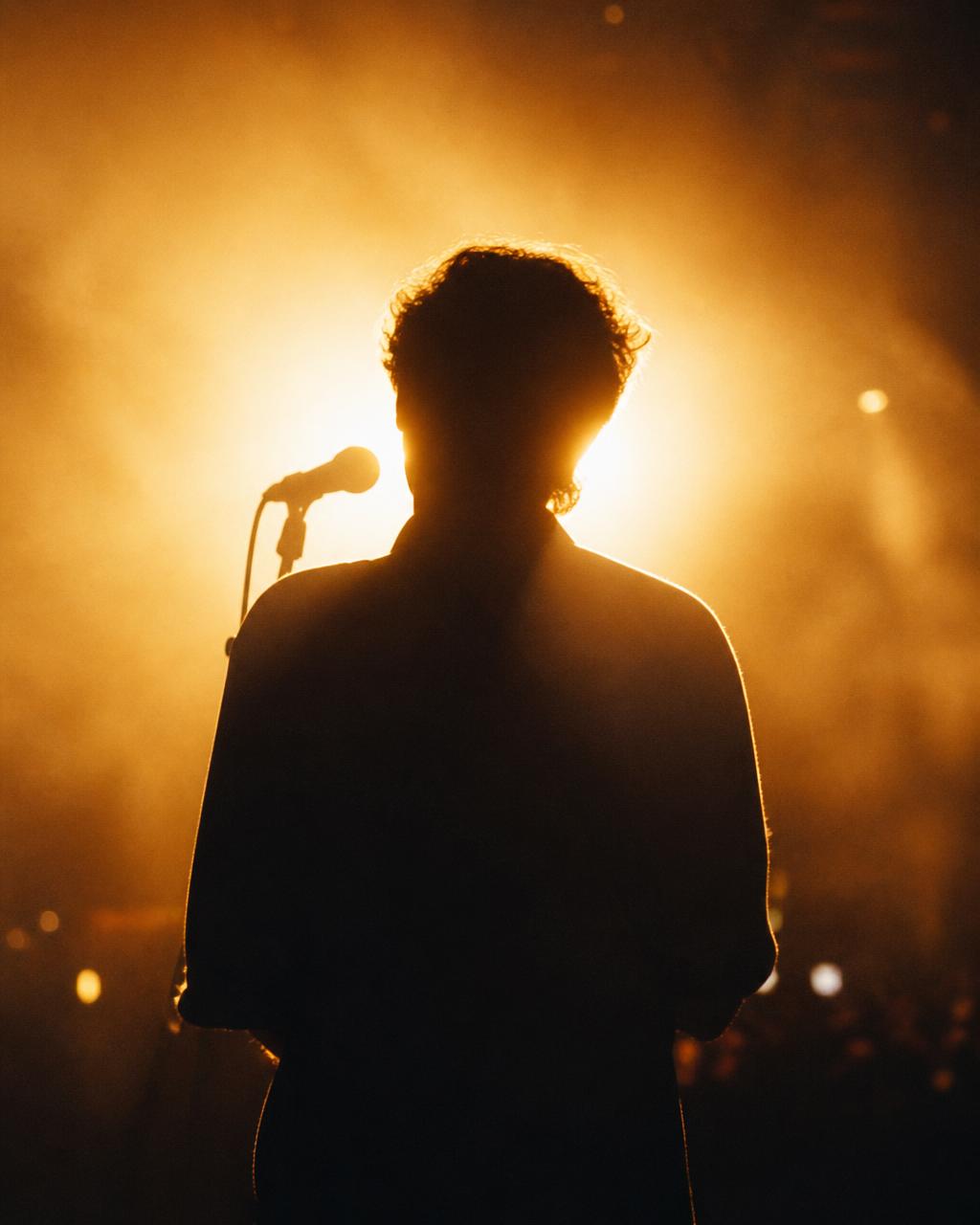 Backlit silhouette of a singer at a microphone