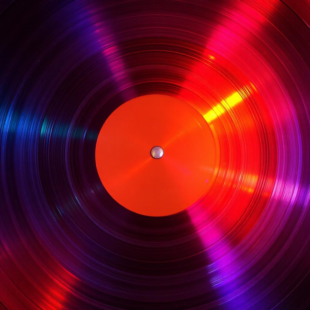 Macro of vinyl record grooves catching coloured light